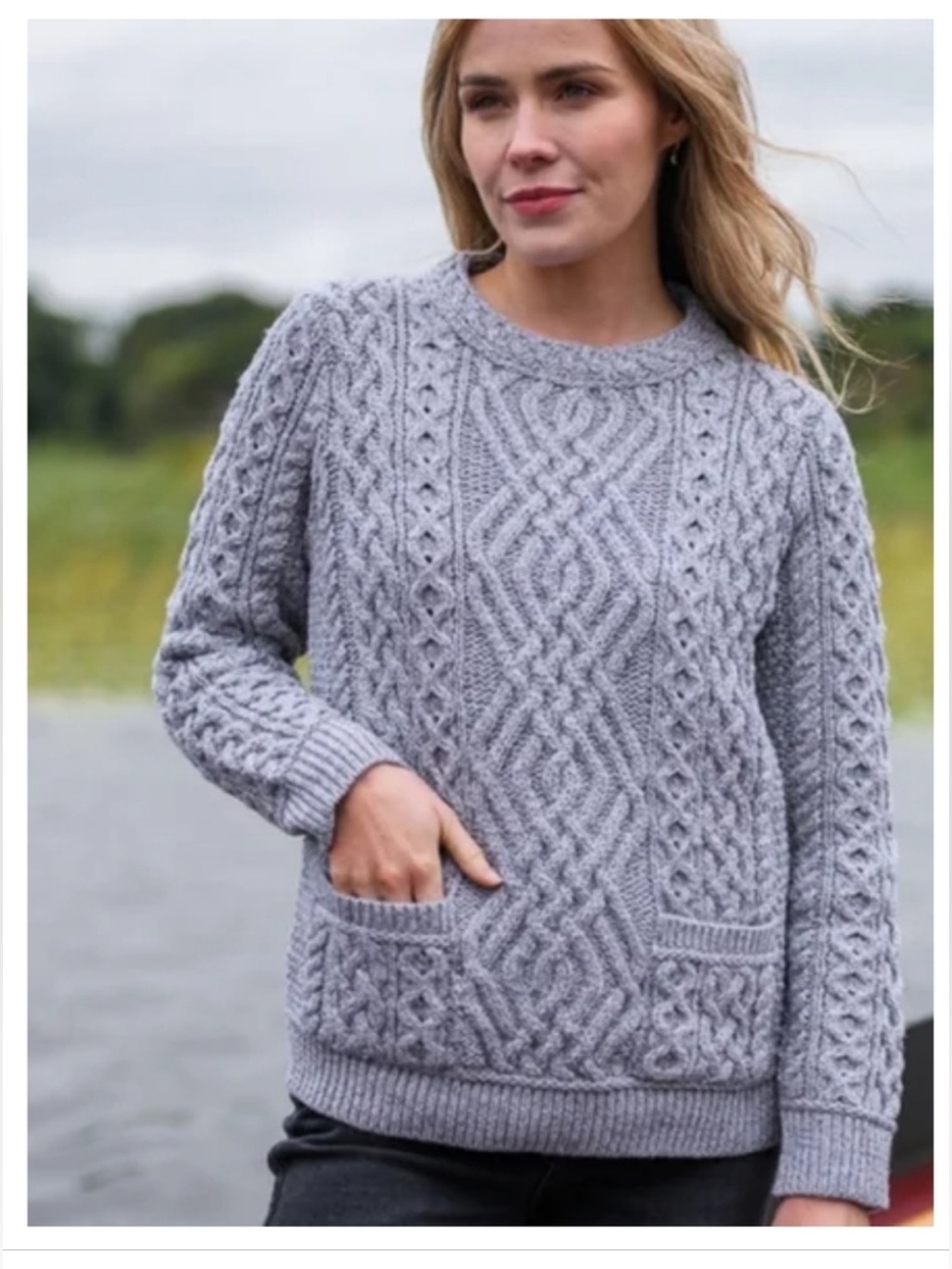 INIS CRAFTS Made in Ireland Merino Wool Gray Cable Knit Sweater Size S